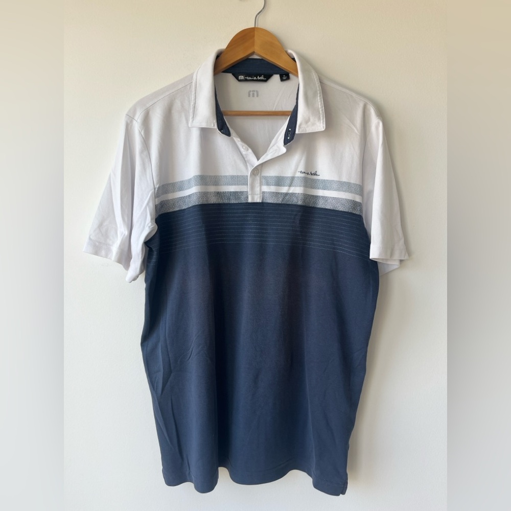 Travis Mathew White and Navy Short-Sleeve Panel Polo